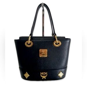 MCM Leather Mini Bucket Top Handle Bag Authentic | Black Gold Accents